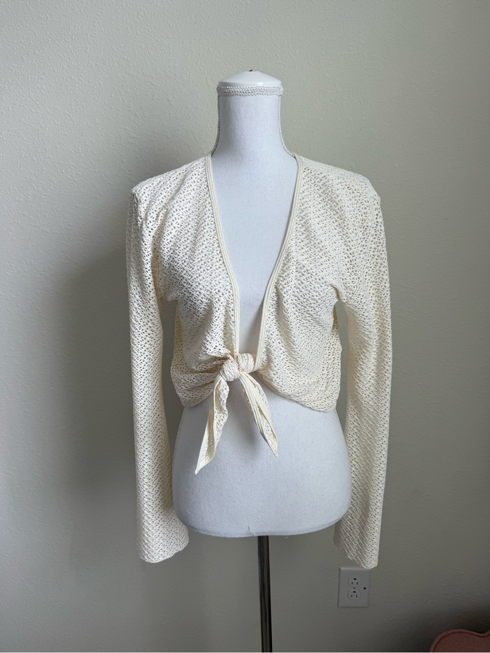 Monday Swimwear Cream Open-Knit Tie-Front Cardigan
